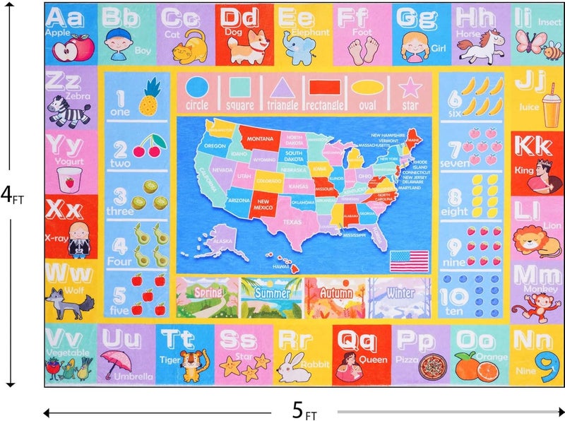 OHDS Kids Rugs for Playroom - Soft & Non-Slip 4x5 Feet Educational Rug for Learning ABC Alphabet, Numbers, Shapes & Map, Washable Classroom Rug for Toddler Nursery & Kids Room Decor - Image 2