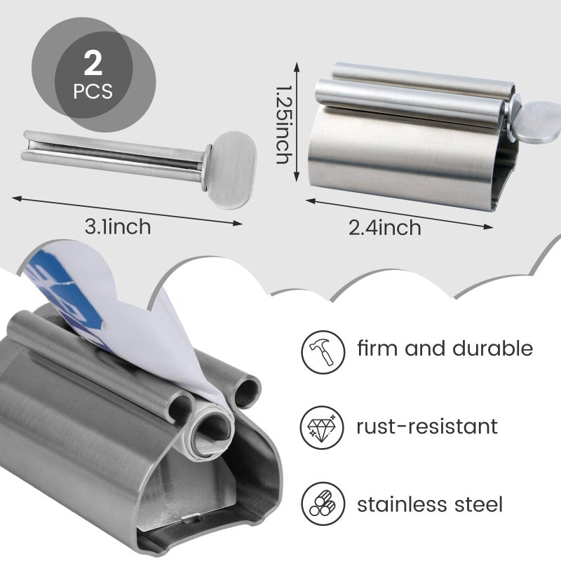 LOVEINUSA Toothpaste Tube Squeezer Dispenser, 2PCS Toothpaste Roller Squeezer Tool Metal Tooth Paste Holder for Bathroom, Silver - Image 2