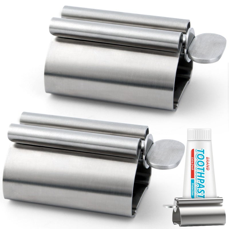 LOVEINUSA Toothpaste Tube Squeezer Dispenser, 2PCS Toothpaste Roller Squeezer Tool Metal Tooth Paste Holder for Bathroom, Silver - Image 1