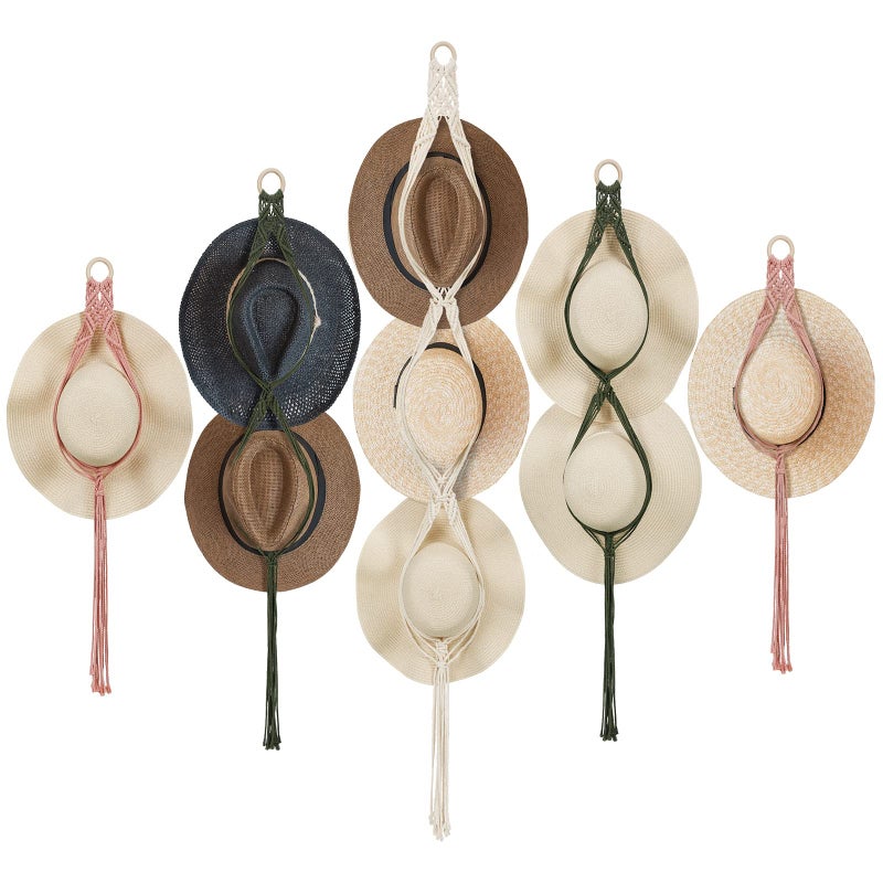 Maitys 5 Pcs Macrame Hat Hangers for Wall Cowboy Hat Holders Boho Wall Mount Hanging Rack Display Hand Weaving for Home Storage Western Decoration 3 Sizes and Colors - Image 2