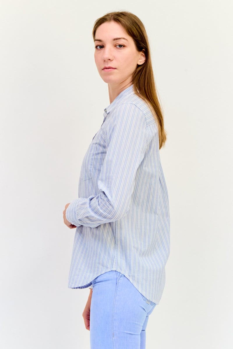 GAP Women Spread Collar Long Sleeves Micro Stripe Shirt, Multicolor  - Image 3