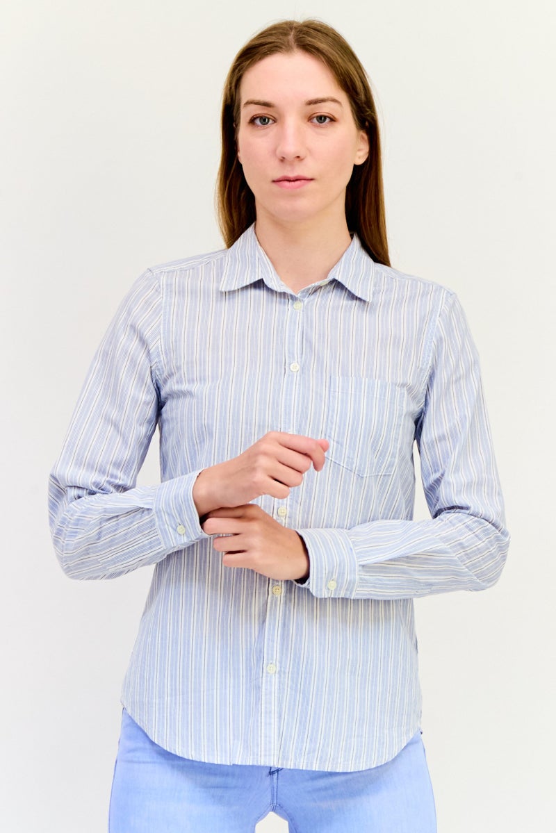 GAP Women Spread Collar Long Sleeves Micro Stripe Shirt, Multicolor  - Image 1