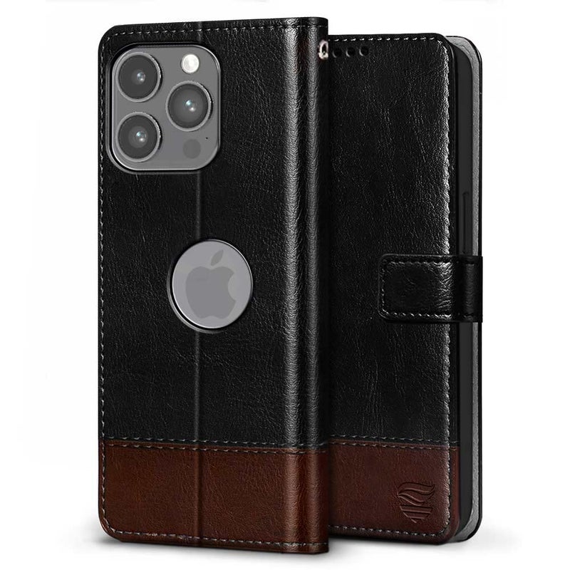 FLIPPED Vegan Leather Flip Case Back Cover for Apple iPhone 14 Pro Max (Flexible, Shock Proof | Hand Stitched Leather Finish | Card Pockets Wallet & Stand | Black with Brown) - Image 3