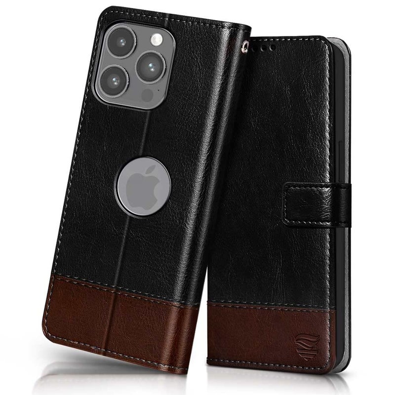 FLIPPED Vegan Leather Flip Case Back Cover for Apple iPhone 14 Pro Max (Flexible, Shock Proof | Hand Stitched Leather Finish | Card Pockets Wallet & Stand | Black with Brown) - Image 1