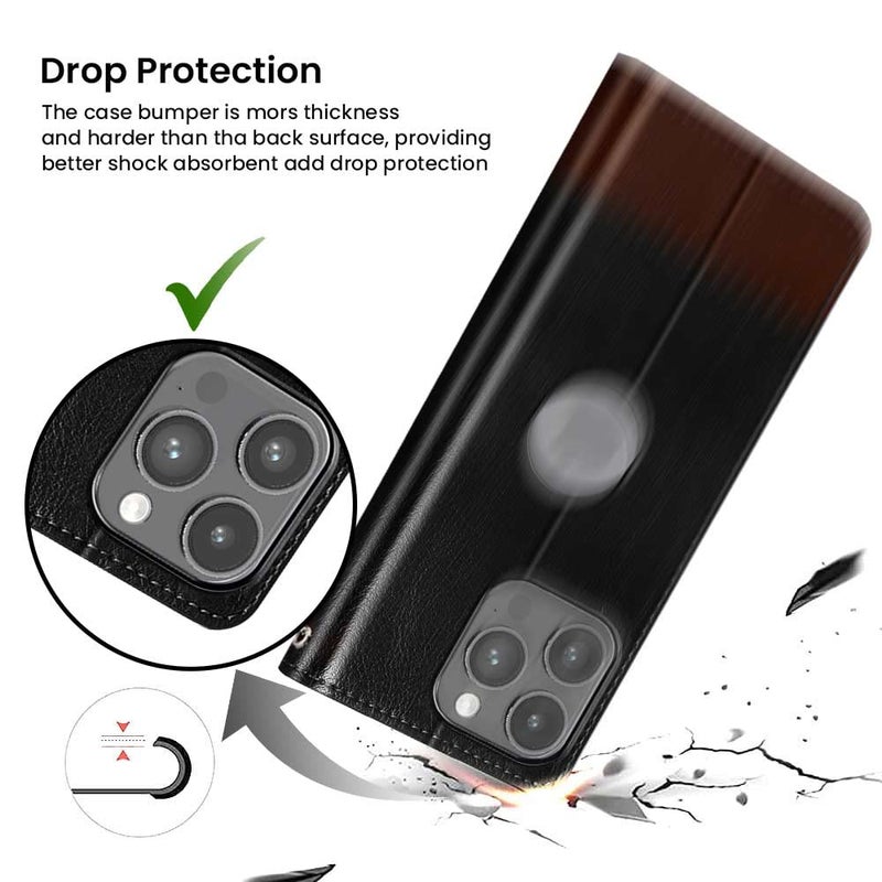 FLIPPED Vegan Leather Flip Case Back Cover for Apple iPhone 14 Pro Max (Flexible, Shock Proof | Hand Stitched Leather Finish | Card Pockets Wallet & Stand | Black with Brown) - Image 5