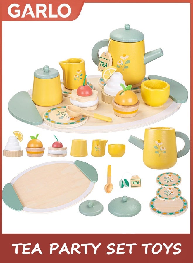 جارلو مجموعة لعب حفلة الشاي للبنات ، مجموعة الشاي الخشبية تتظاهر باللعب لعب البنات هدايا لعمر 3-6 سنوات ، لعب مجموعات لعبة الغذاء للأطفال ملحقات المطبخ عمر 3 ، 4 ، 5 ، 6 لعب تعليمية خشبية - Image 1