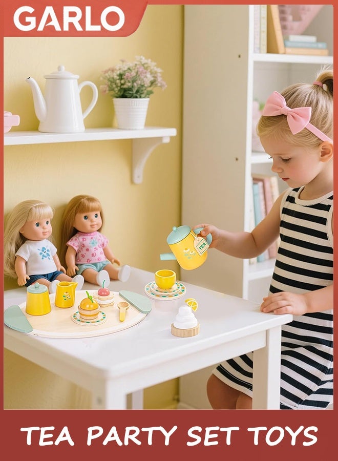 جارلو مجموعة لعب حفلة الشاي للبنات ، مجموعة الشاي الخشبية تتظاهر باللعب لعب البنات هدايا لعمر 3-6 سنوات ، لعب مجموعات لعبة الغذاء للأطفال ملحقات المطبخ عمر 3 ، 4 ، 5 ، 6 لعب تعليمية خشبية - Image 3