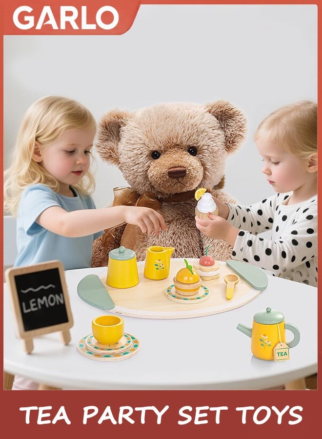 جارلو مجموعة لعب حفلة الشاي للبنات ، مجموعة الشاي الخشبية تتظاهر باللعب لعب البنات هدايا لعمر 3-6 سنوات ، لعب مجموعات لعبة الغذاء للأطفال ملحقات المطبخ عمر 3 ، 4 ، 5 ، 6 لعب تعليمية خشبية - Image 4