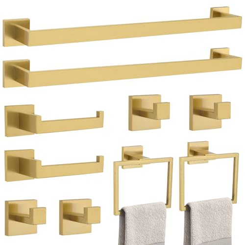 TNOMS 10Piece Bathroom Hardware Accessories SetBrushed Gold Towel Bar Holder RacksSUS304 Stainless SteelWall Mounted236Inch - Image 1