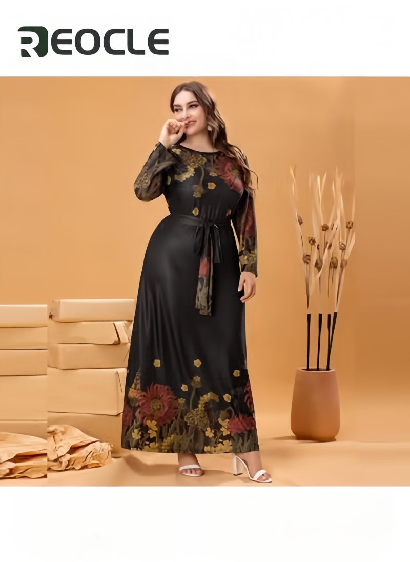 REOCLE Women's Long Sleeve Maxi Dresses Plus Size Floral Printed Crewneck Casual Dress Tie Waisted Summer Long Dress - Image 2
