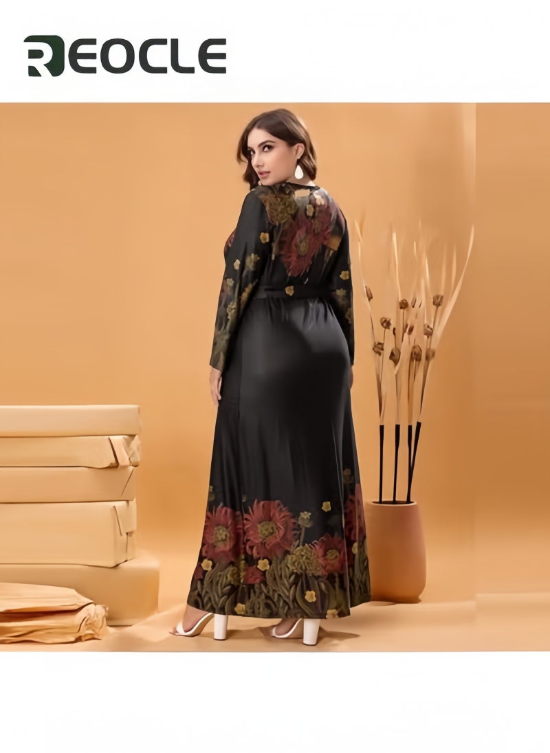 REOCLE Women's Long Sleeve Maxi Dresses Plus Size Floral Printed Crewneck Casual Dress Tie Waisted Summer Long Dress - Image 3
