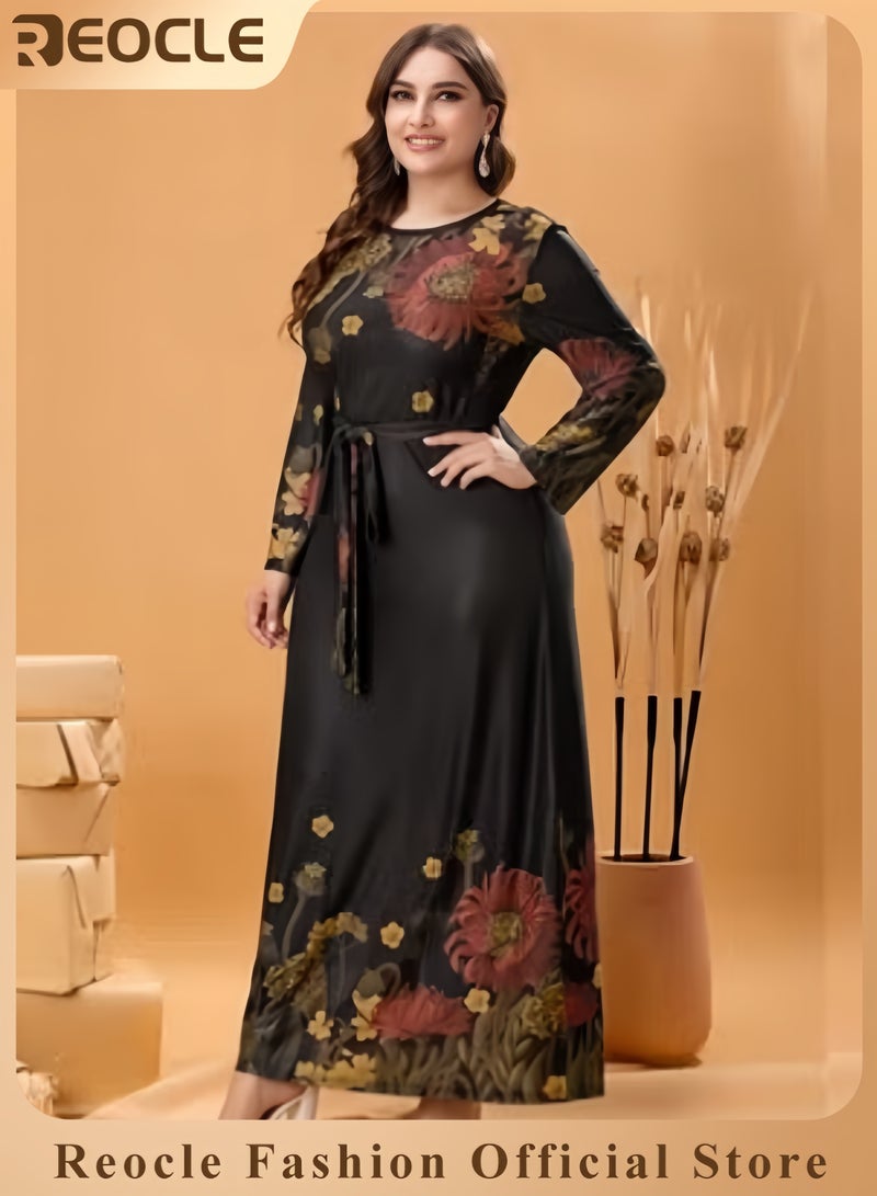 REOCLE Women's Long Sleeve Maxi Dresses Plus Size Floral Printed Crewneck Casual Dress Tie Waisted Summer Long Dress - Image 1