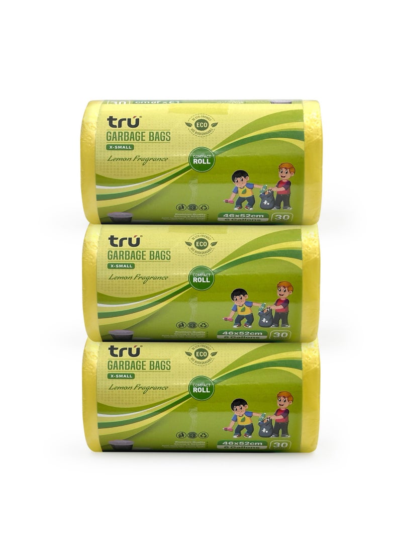 Tru - Lemon Scented Garbage Bags Compact Roll 46x52cm 6 Gallon ( 30pc x 3 Rolls ) 90 bags - Image 1