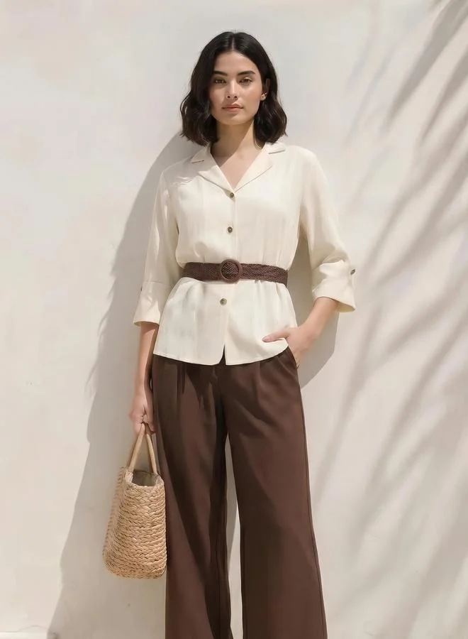 Styli Off White Collared 3/4 Sleeve Shirt with Belt
