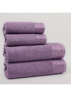 White Rose Towel 4 Piece Bathroom  Set - GREEKY - 500 GSM - 100% Cotton Terry - Jacquard Border- 2 Bath  70X140 cm & 2 Hand  50x90 cm- Luxury Touch - Extra Absorbent-Lavender  - Image 4