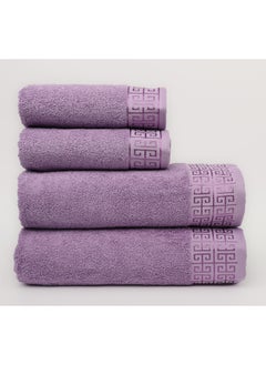 White Rose Towel 4 Piece Bathroom  Set - GREEKY - 500 GSM - 100% Cotton Terry - Jacquard Border- 2 Bath  70X140 cm & 2 Hand  50x90 cm- Luxury Touch - Extra Absorbent-Lavender  - Image 2