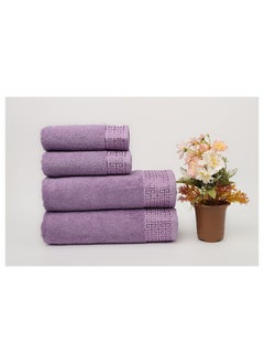 White Rose Towel 4 Piece Bathroom  Set - GREEKY - 500 GSM - 100% Cotton Terry - Jacquard Border- 2 Bath  70X140 cm & 2 Hand  50x90 cm- Luxury Touch - Extra Absorbent-Lavender  - Image 1