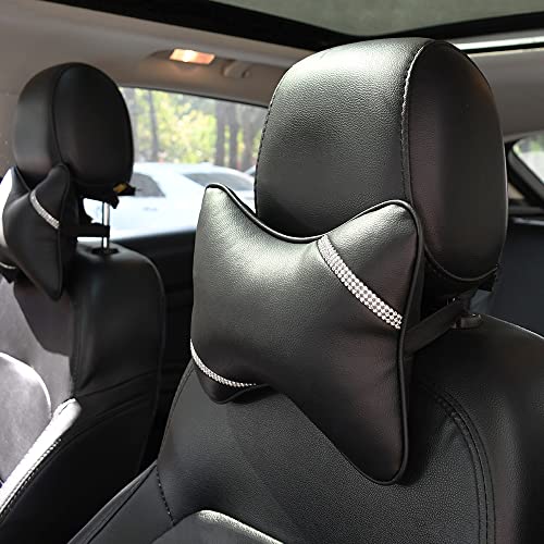 VVHOOY Car Neck Pillows Diamond Seat Auto Headrest Cushion Head Rest Neck 2 Pack Headrest Fit for Most Cars Universal Car Pillow Support Relax Crystal Rhinestone Pu Leather Bling Interior(Black) - Image 4
