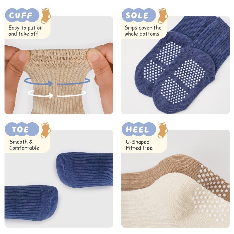 Bearbay Toddler Non Slip Cotton Crew Socks with Anti-slip Dots for Infant Baby Boys Girls 9 Pairs Plain Blue - Image 2