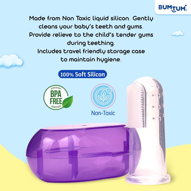 Bumtum فرشاة أسنان يدوية للأطفال من بومتم مع حقيبة حمل | رائعة لتدليك وتنظيف اللثة | فرشاة أصابع ناعمة للعناية الفموية الآمنة والفعالة للأطفال (أرجواني، 2 قطعة) - Image 3