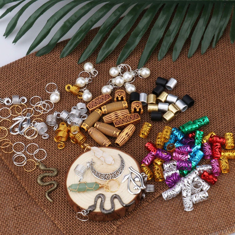Messen 121PCS Hair Jewelry Dreadlocks Crystal Wire Wrapped Loc Adornment Imitation Wood Beads Braiding Cuffs Beard Tube Beads Hair Coils Rings Pearl Hair Pendants for Braids - Image 5
