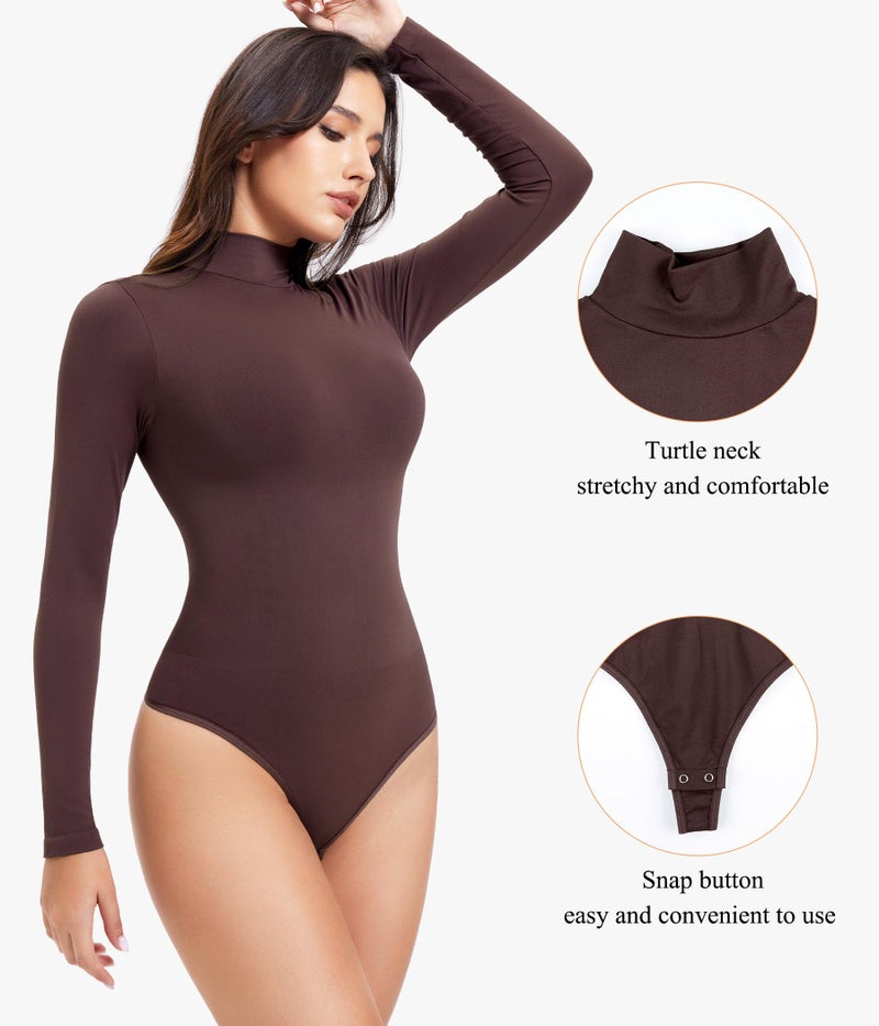 Irisnaya Mock Turtleneck Bodysuit Long Sleeve Body Suits Thong Bodysuits for Women - Image 2