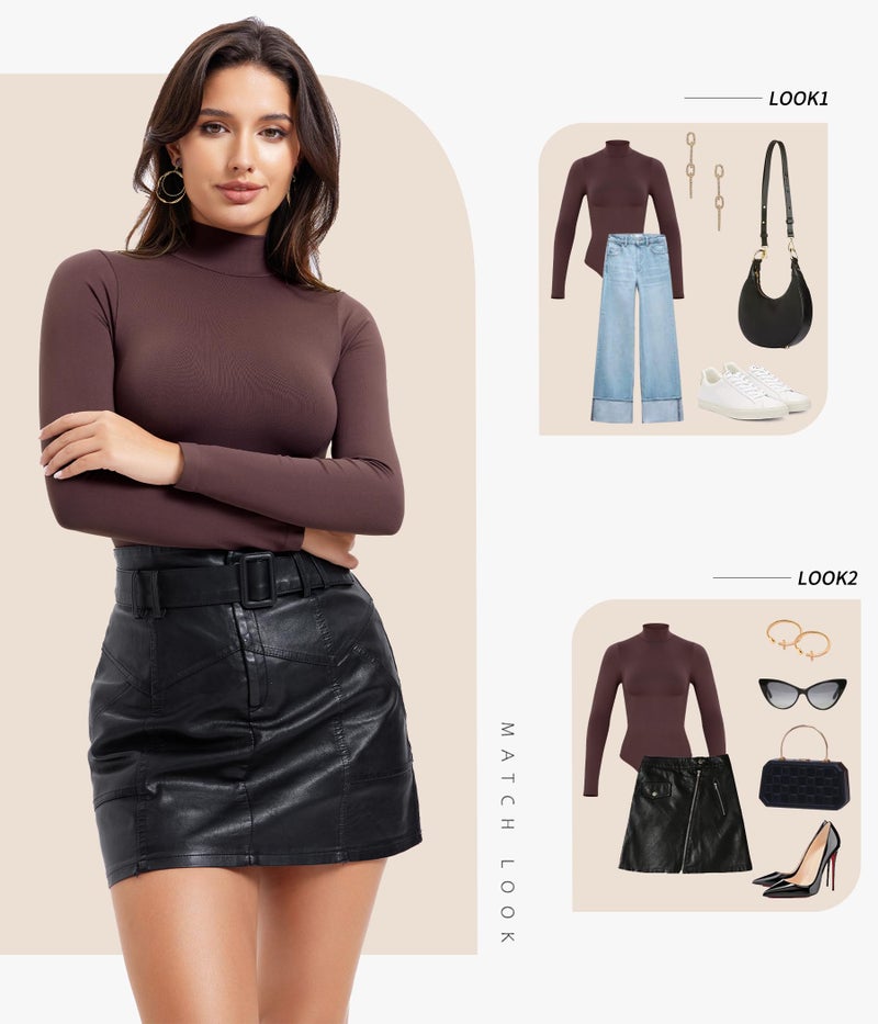 Irisnaya Mock Turtleneck Bodysuit Long Sleeve Body Suits Thong Bodysuits for Women - Image 3