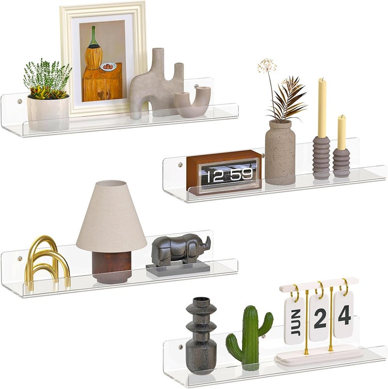 Dooiclear 4 Pack Floating Shelves for Wall, 15" Clear Book Shelf, Acrylic Floating Wall Shelf, Display Shelves Organizer for Bathroom, Classroom, Bedroom, Living Room, Kitchen, Room Decor - Image 1