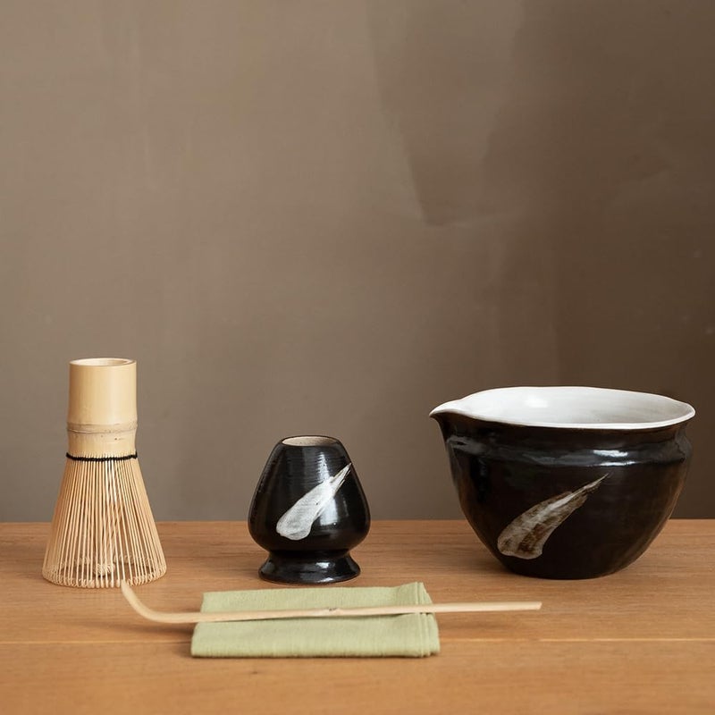 WUSEI 6-pcs Japanese Matcha Whisk Set with Handmade Wabi-Sabi Ceramic Bowl(Chawan),Bamboo Chasen, Whisk Holder, Scoop, Sifter & Tea Towel,Matcha Ceremony Kit,(Ink Cloud) - Image 1