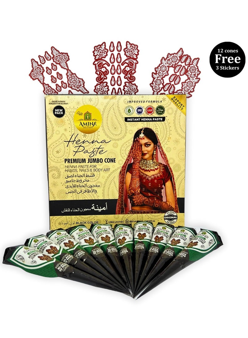 Amina Instant Henna Paste Mehendi Cone | With Free Set of 3 Full Hand Stickers/Stencils | Without Chemicals | Long Lasting | Pack of 12 Pieces x 45 Gms Each | Black Color - Image 1