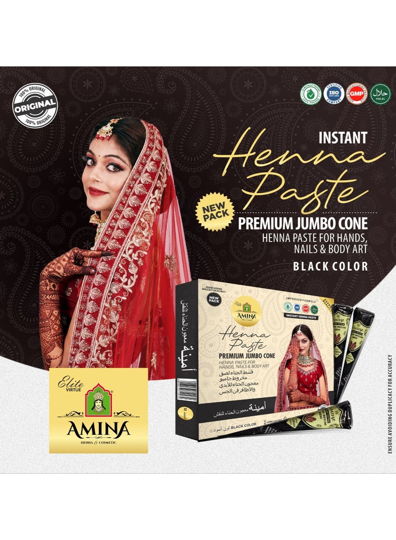 Amina Instant Henna Paste Mehendi Cone | With Free Set of 3 Full Hand Stickers/Stencils | Without Chemicals | Long Lasting | Pack of 12 Pieces x 45 Gms Each | Black Color - Image 4
