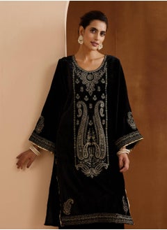 ISHIN Women's Black Velvet Embroidered Tunic Full Length Palazzo Straight Fit Kurta Set  - Image 5