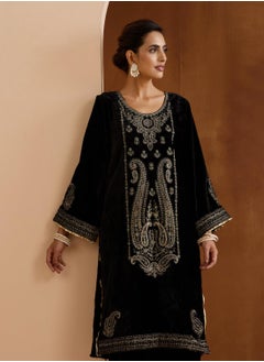 ISHIN Women's Black Velvet Embroidered Tunic Full Length Palazzo Straight Fit Kurta Set  - Image 3