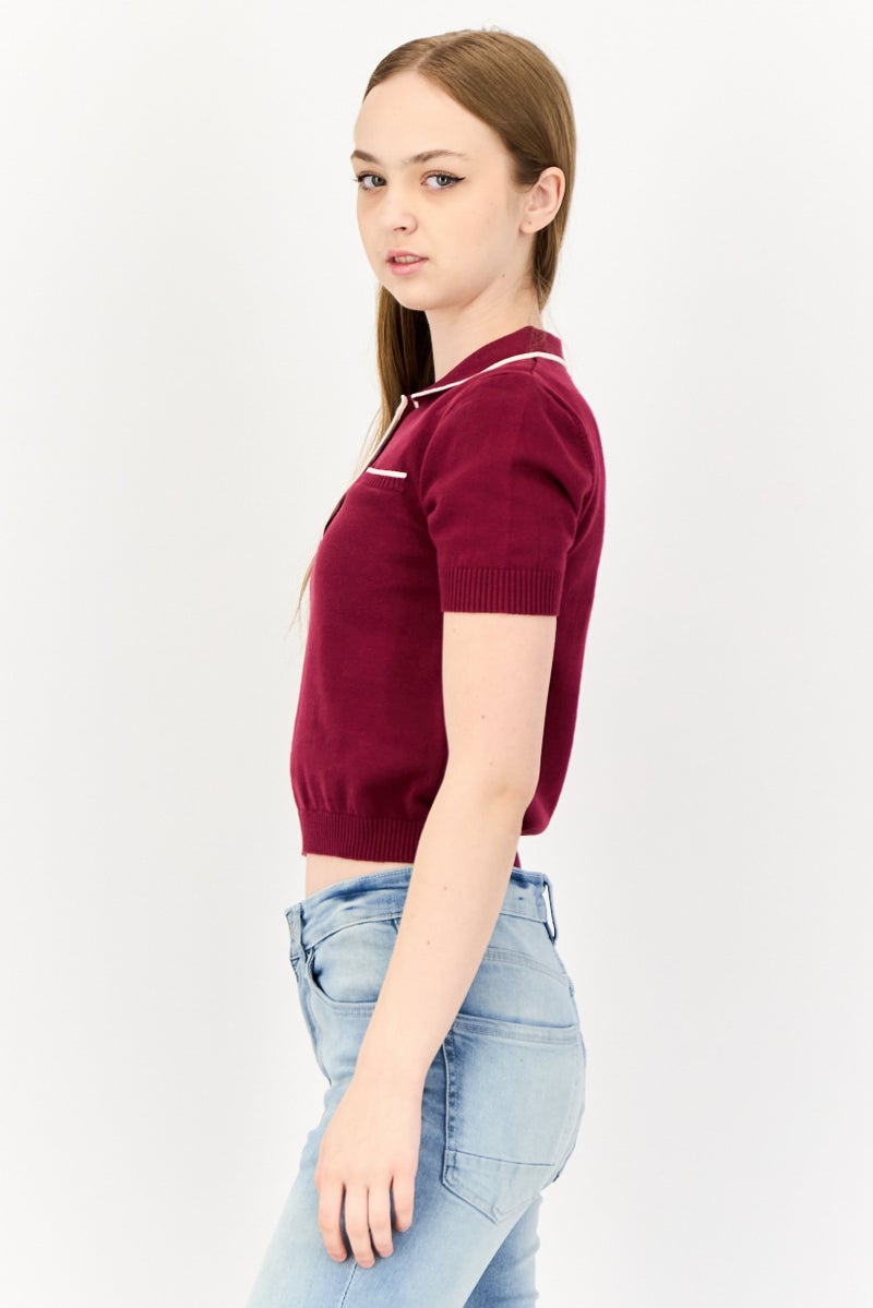 ONLY Women Spread Collar Short Sleeve Knitted Crop Polo Shirt, Maroon  - Image 2