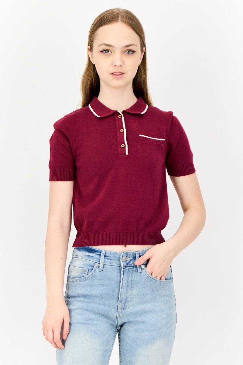 ONLY Women Spread Collar Short Sleeve Knitted Crop Polo Shirt, Maroon  - Image 1