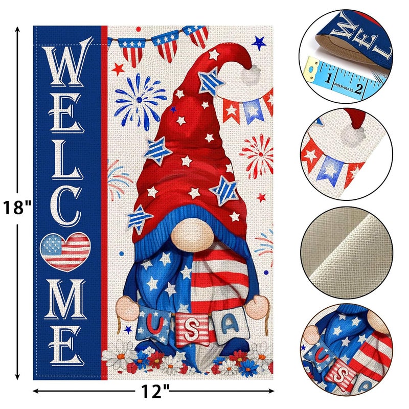 Bonsai Tree 4th of July Garden Flag, Patriotic Garden Flags 12x18 Double Sided, Fourth of July Gnomes Burlap Yard Flag, Memorial Day Independence Day Welcome Small Vertical Lawn Signs Banners for Home Outdoor - Image 2