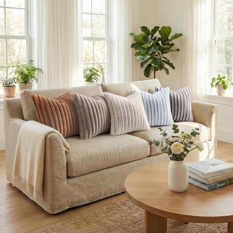 Pallene Faux Fur Plush Throw Pillow Covers 22x22 Set of 2, Luxury Soft Fluffy Striped Decorative Pillow Covers for Sofa, Couch, Living Room, Tan - Image 5