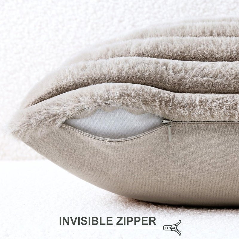 Pallene Faux Fur Plush Throw Pillow Covers 22x22 Set of 2, Luxury Soft Fluffy Striped Decorative Pillow Covers for Sofa, Couch, Living Room, Tan - Image 3
