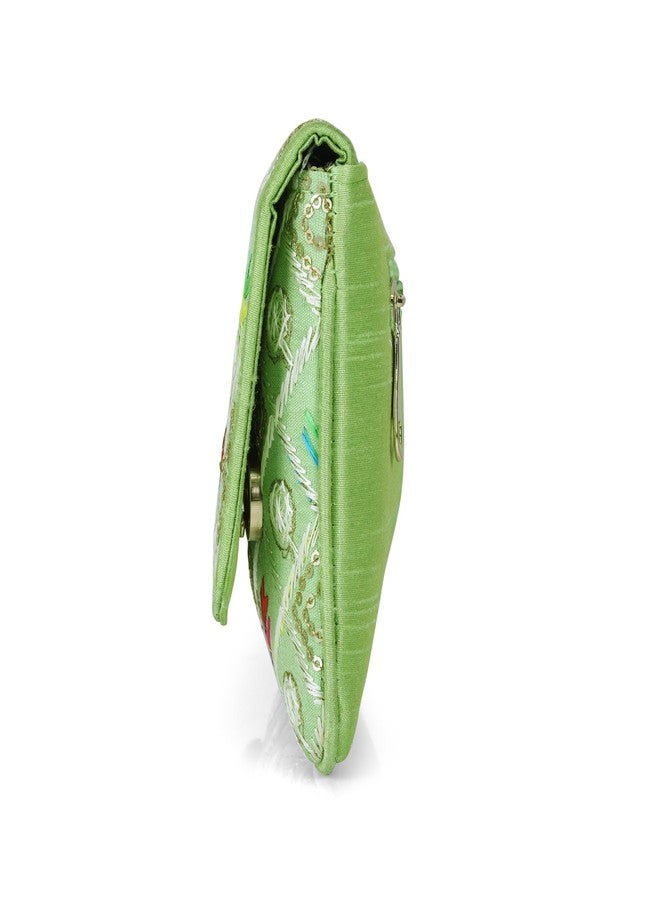 JI ACCESSORIES J I ACCESSORIES Embroidered Elegance Clutch Sling Bag (GREEN) - Image 4