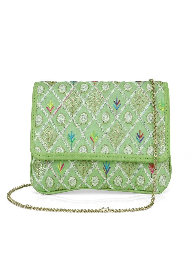 JI ACCESSORIES J I ACCESSORIES Embroidered Elegance Clutch Sling Bag (GREEN) - Image 1