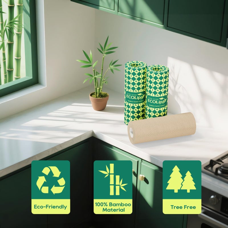 ECOlipak Paper Towels - 8 Rolls, 2 Ply 120 Sheets- Plastic Free, Tree Free, Compostable, Disposable Kitchen Paper Towels, Soft and Absorbent, PFAS Free, Nature - Image 2