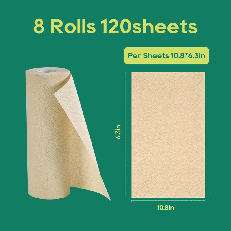 ECOlipak Paper Towels - 8 Rolls, 2 Ply 120 Sheets- Plastic Free, Tree Free, Compostable, Disposable Kitchen Paper Towels, Soft and Absorbent, PFAS Free, Nature - Image 3