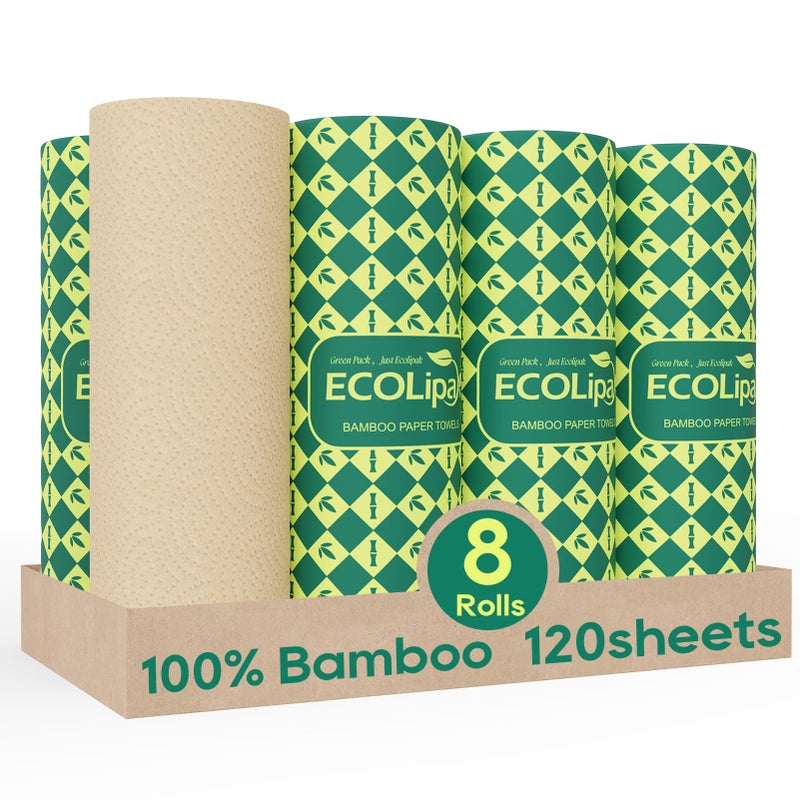 ECOlipak Paper Towels - 8 Rolls, 2 Ply 120 Sheets- Plastic Free, Tree Free, Compostable, Disposable Kitchen Paper Towels, Soft and Absorbent, PFAS Free, Nature - Image 1