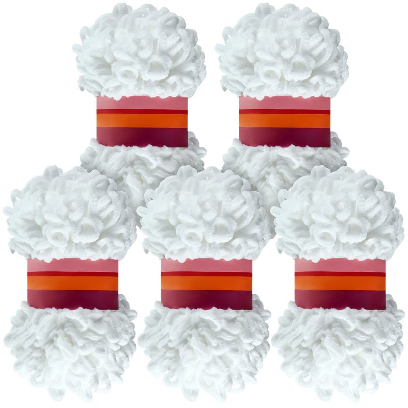 5 Rolls Loop Yarn 100 g White Puffy Soft Chunky Finger Loop Yarn for DIY Hand Woven Knitting Crafts Supplies