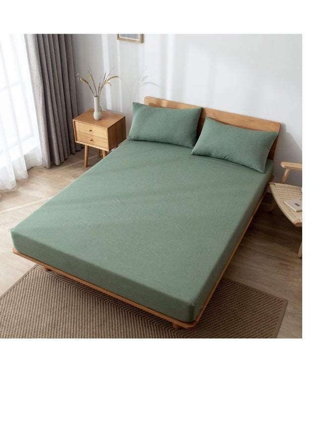 Generic - 100% Washed Cotton Fitted Sheet Queen Size, Linen Like Cozy Soft Bottom Sheets, Breathable Deep Pockets, Breathable Warm not Shrink (Green) - Image 1