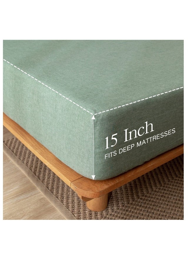 Generic 100% Washed Cotton Fitted Sheet Queen Size, Linen Like Cozy Soft Bottom Sheets, Breathable Deep Pockets, Breathable Warm not Shrink (Green)  - Image 3