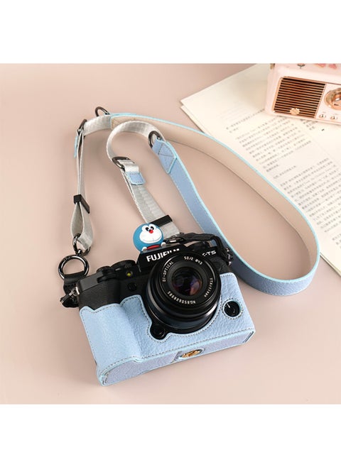 Suitable For Fuji XS20 Protective Case XT30 Second Generation Camera Bag XT5 Base XM5 Leather Case XT20/XS10 Case-Color:D: Xt5 Litchi Pattern Base [blue] + V303 Shoulder Strap, Tempered Film Included (excluding Hot Shoe Cover)