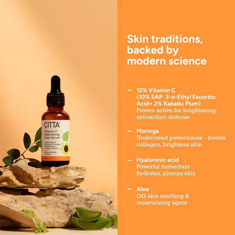 CITTA Vitamin C Brightening Face Serum For Glowing Skin  Triple Power Brightening Formula  Vitamin C Serum For Pigmentation  Ascorbic Acid  Kakadu Plum Vitamin C Serum  For All Skin Types  Face Serum  Men  Women  30 ml - Image 3