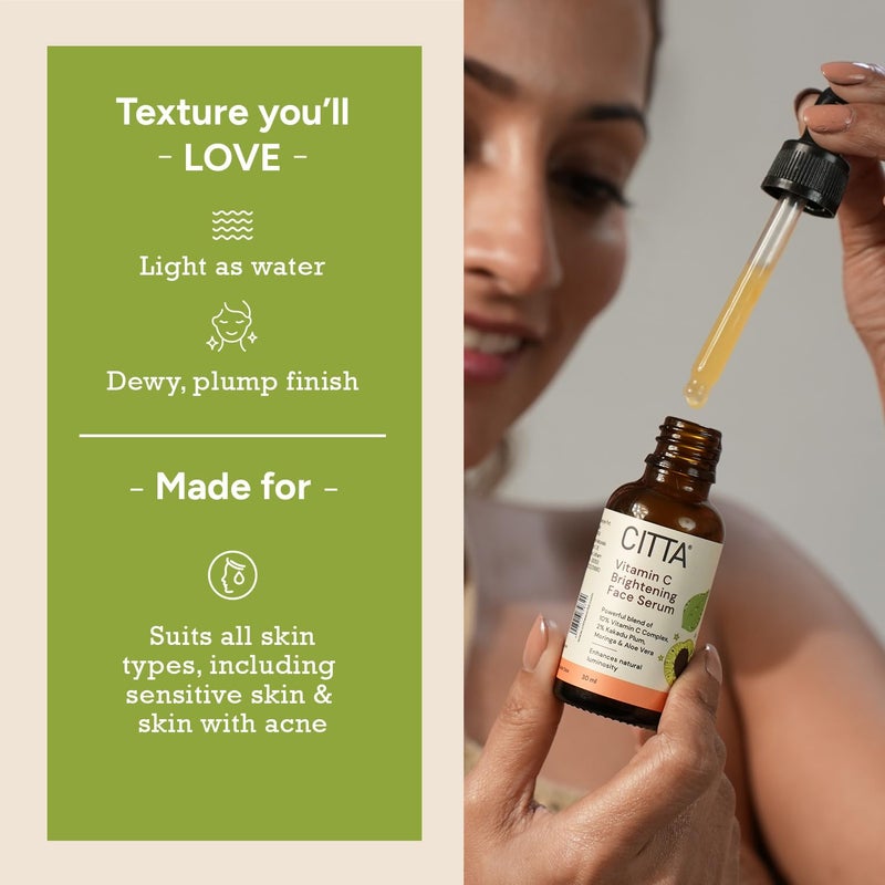 CITTA Vitamin C Brightening Face Serum For Glowing Skin  Triple Power Brightening Formula  Vitamin C Serum For Pigmentation  Ascorbic Acid  Kakadu Plum Vitamin C Serum  For All Skin Types  Face Serum  Men  Women  30 ml - Image 4