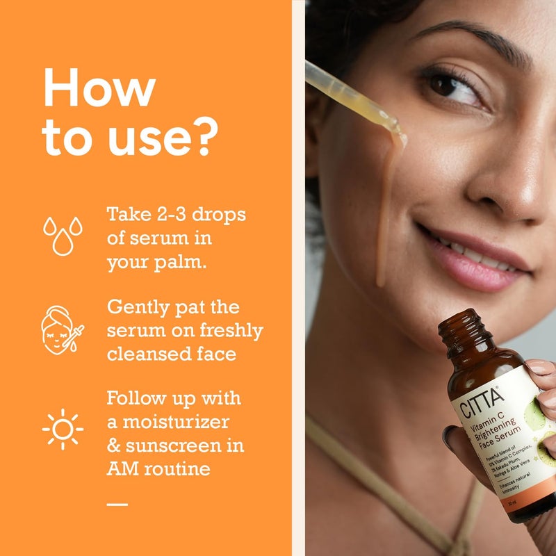 CITTA Vitamin C Brightening Face Serum For Glowing Skin  Triple Power Brightening Formula  Vitamin C Serum For Pigmentation  Ascorbic Acid  Kakadu Plum Vitamin C Serum  For All Skin Types  Face Serum  Men  Women  30 ml - Image 5